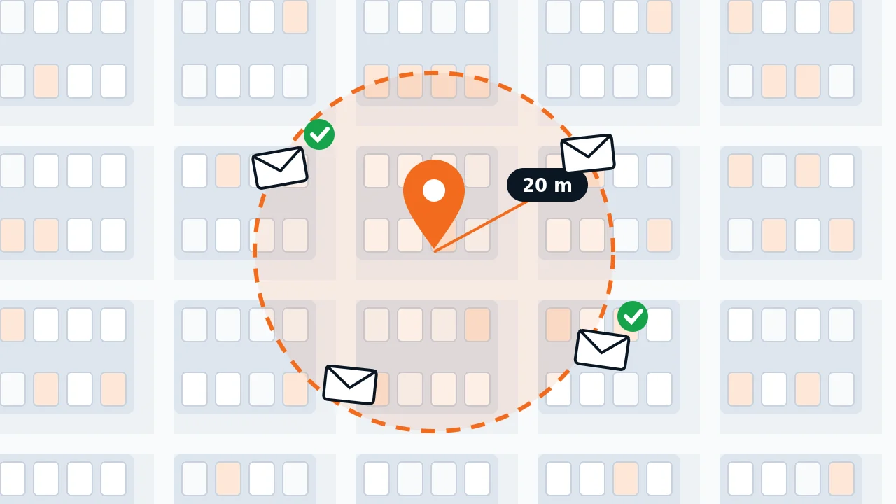 Street map with a dashed 20 metre circle around a pinned site and notices going to every home inside it