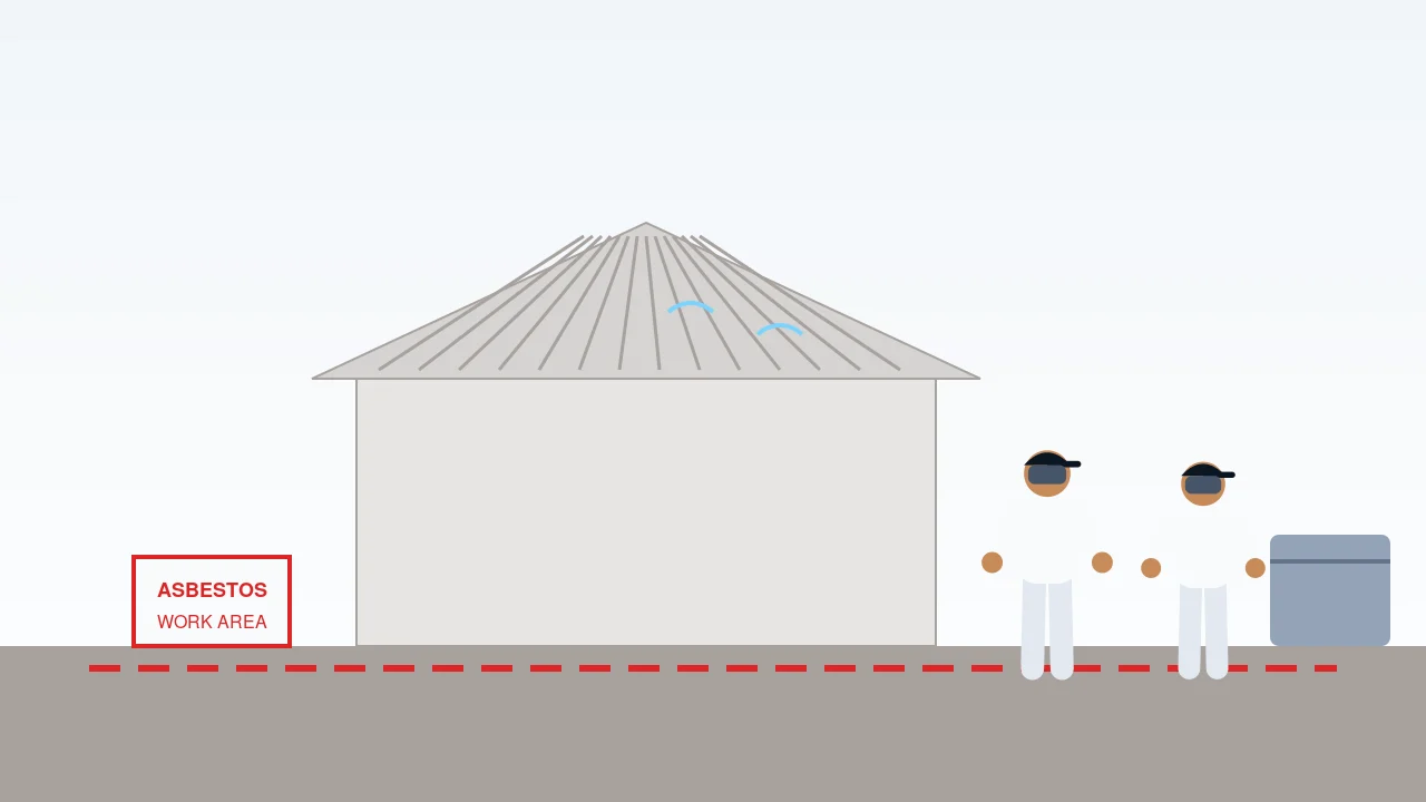 Two workers in protective suits beside a roped-off asbestos work area
