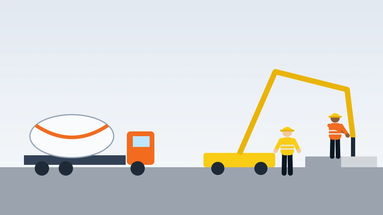 A concrete truck and a concrete pump pouring a slab with two workers