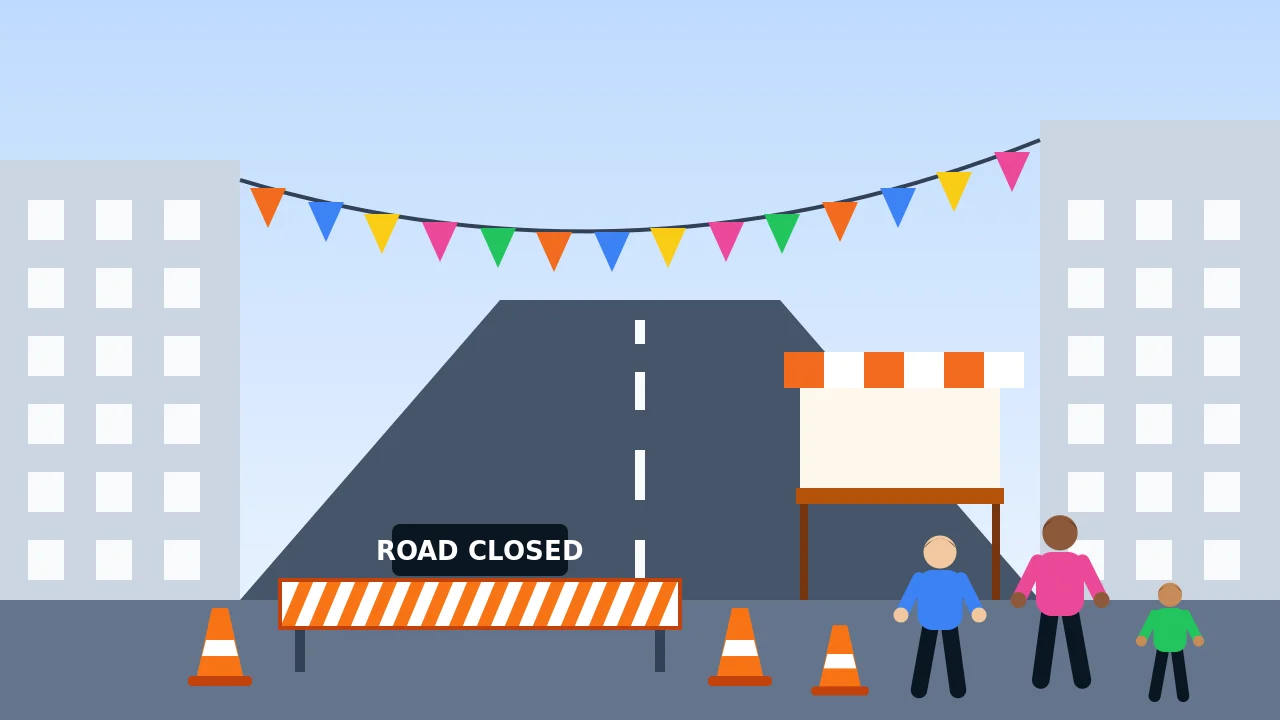 A street closed for a market day with a road closed barrier, cones, bunting and people walking