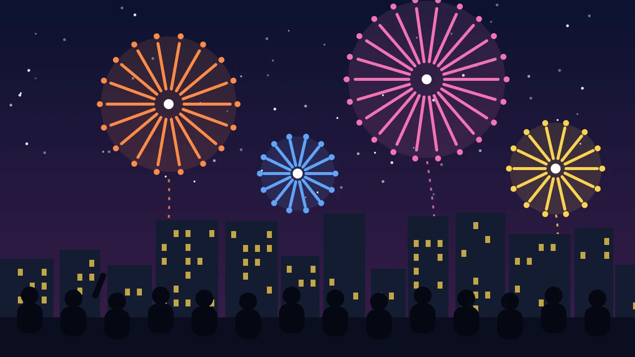 Fireworks bursting over a city skyline at night with a crowd watching