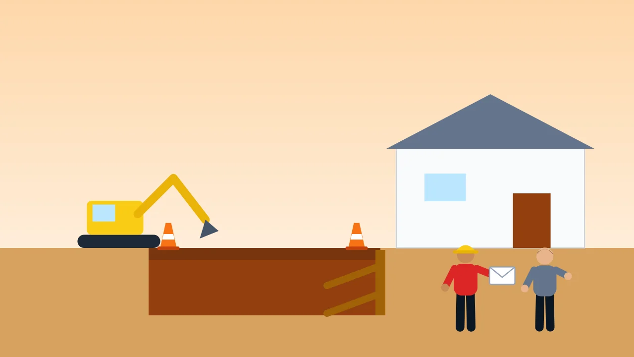 An excavator digging beside a neighbour's house in warm afternoon light while a worker hands the neighbour a letter