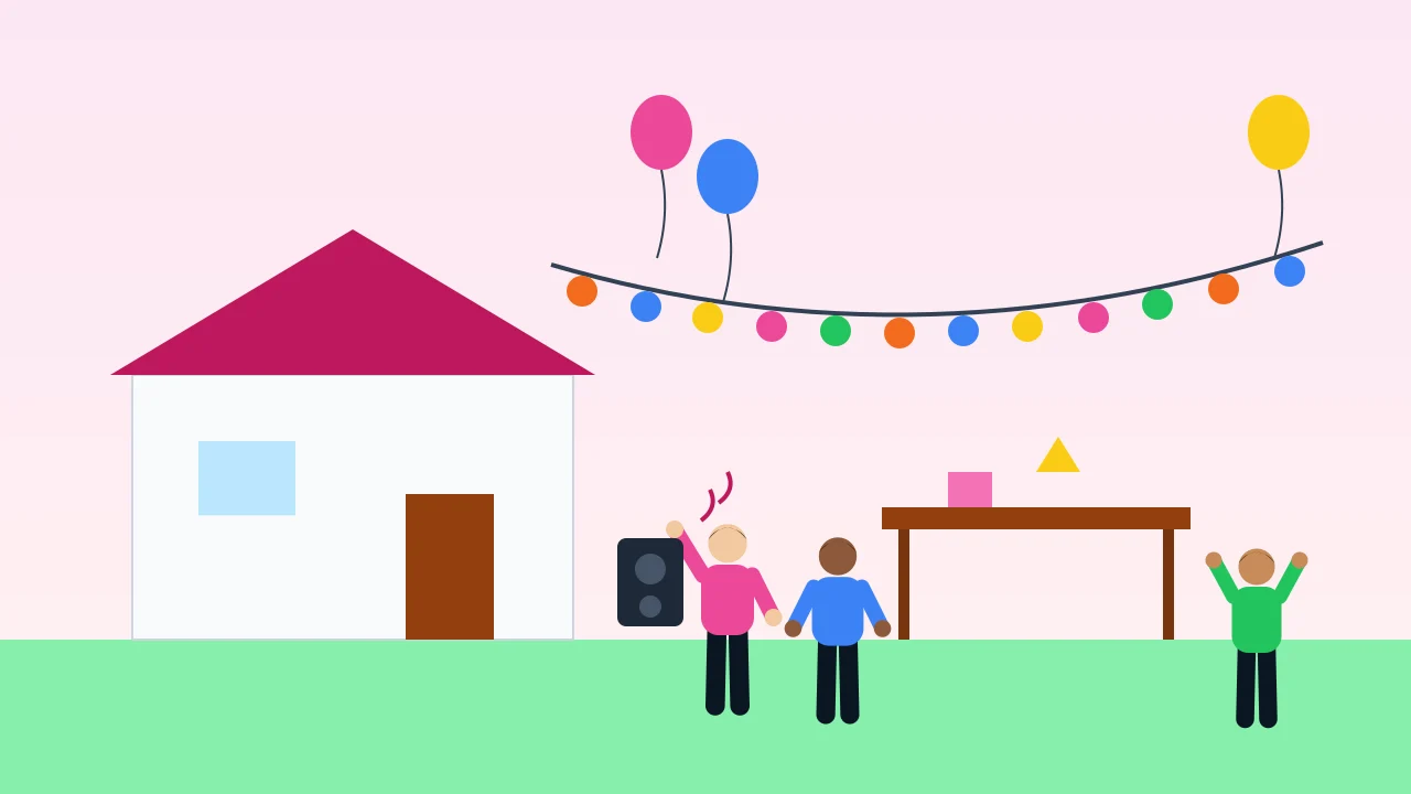 A backyard party with bunting, balloons and guests