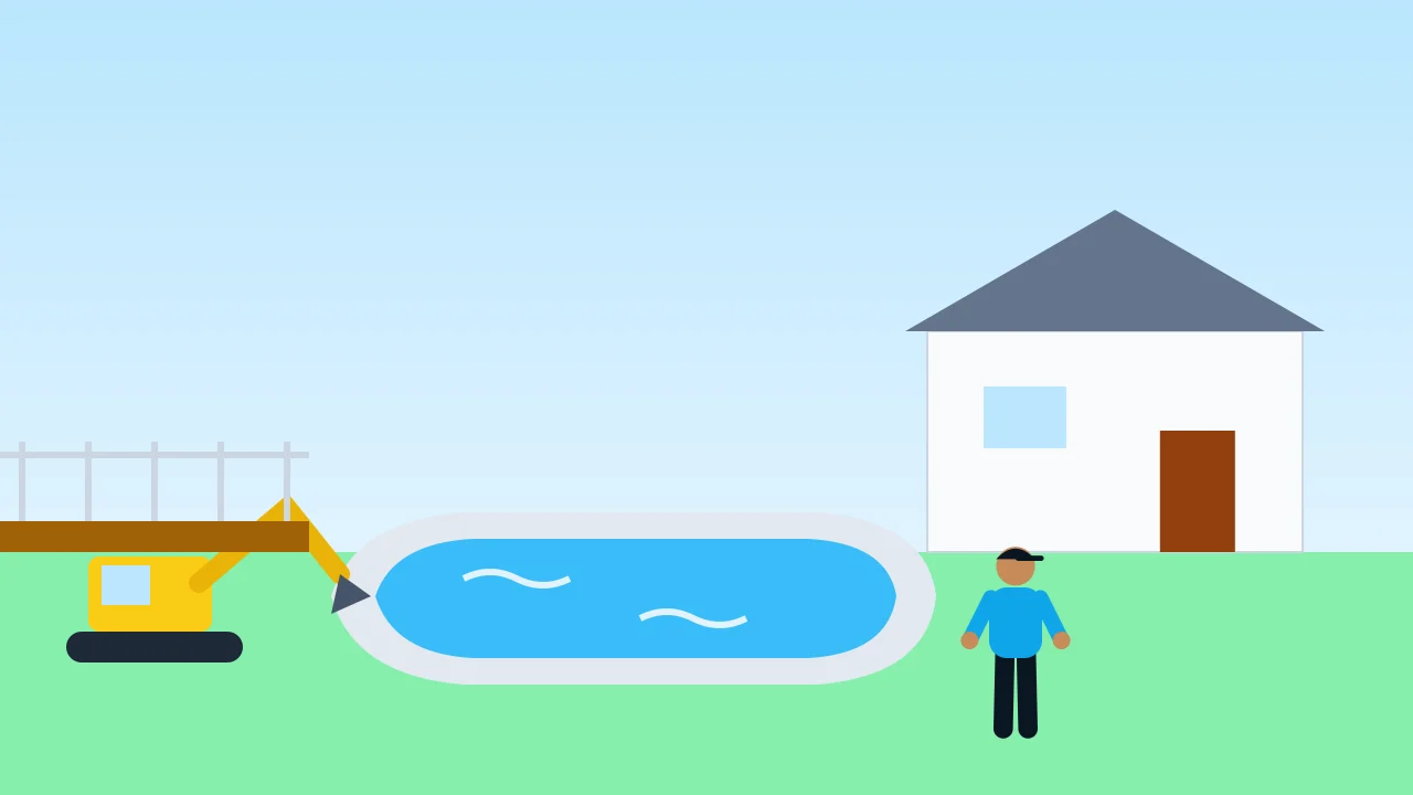 A pool being dug next to a house with a small excavator and a worker