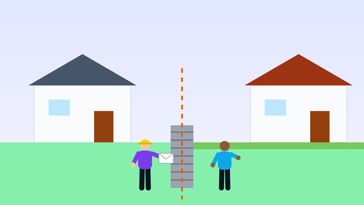 Two houses either side of a block retaining wall on the boundary, with a builder handing the neighbour a letter
