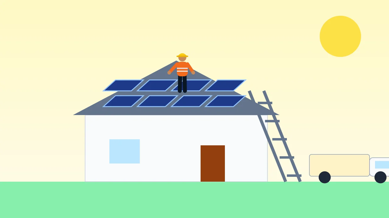 An installer fitting solar panels on a house roof with a ladder
