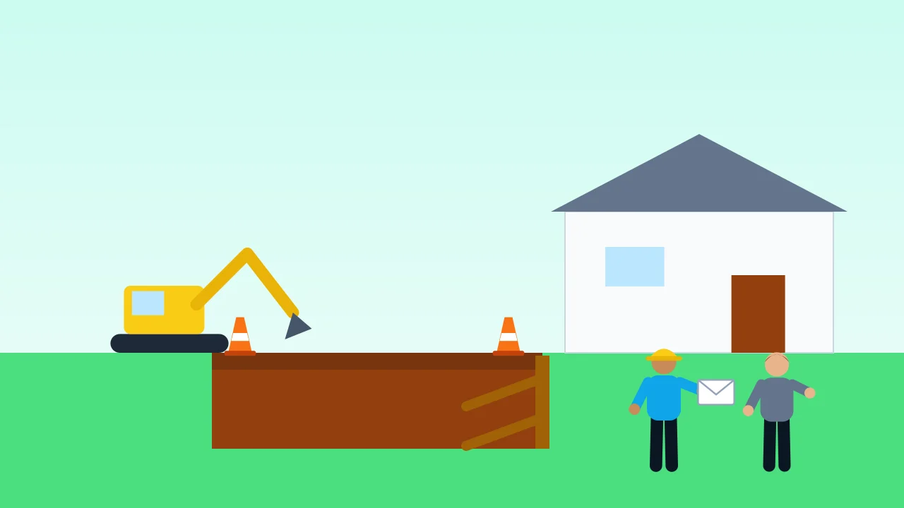 An excavator digging beside a neighbour's house with props against the wall while a worker hands over a letter