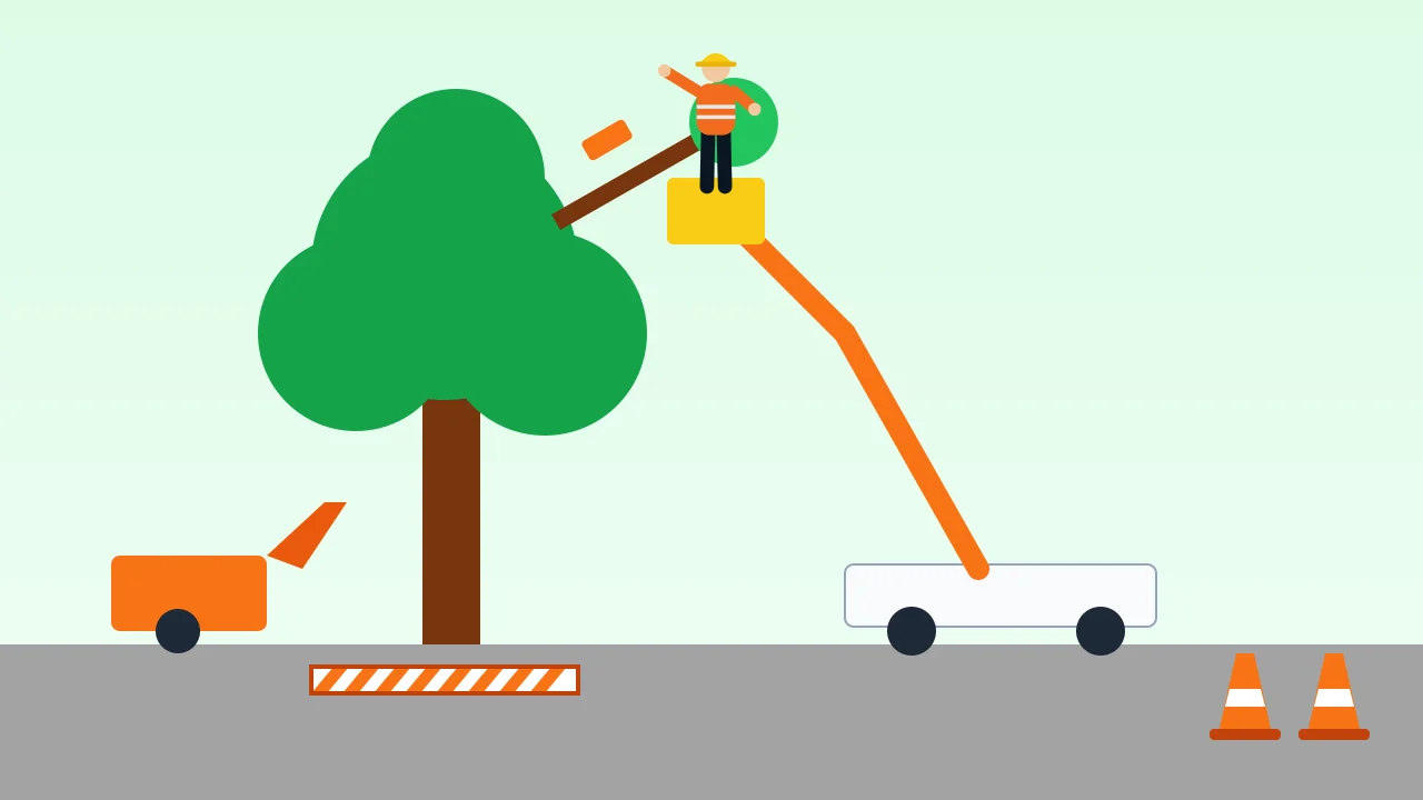 An arborist in an elevated platform cutting a branch from a large tree, with a woodchipper below