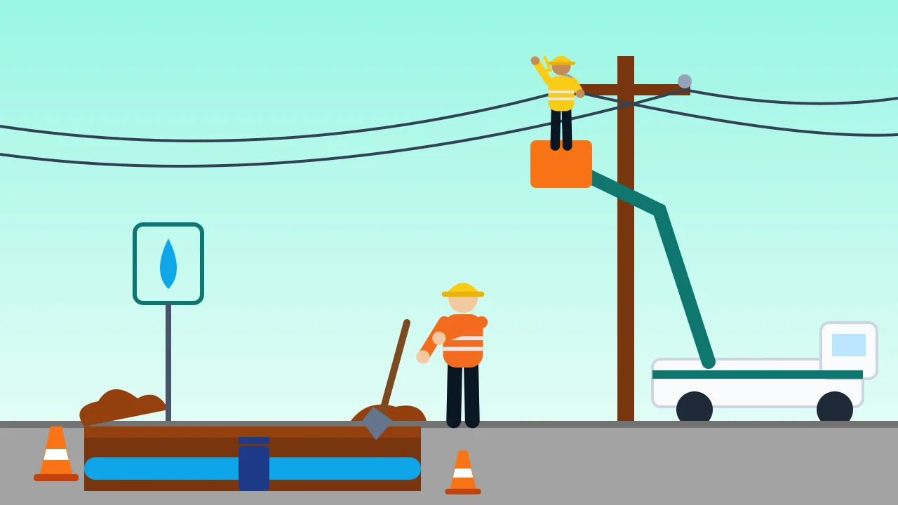 A line worker in a cherry picker at a power pole and a worker beside a trench with a water main