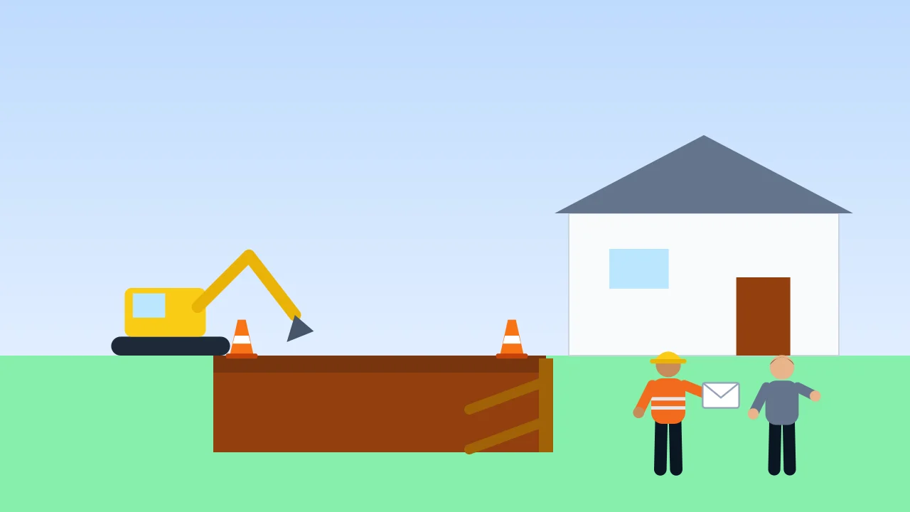 An excavator digging beside a neighbour's house with timber props shoring the wall, while a worker hands the neighbour a letter