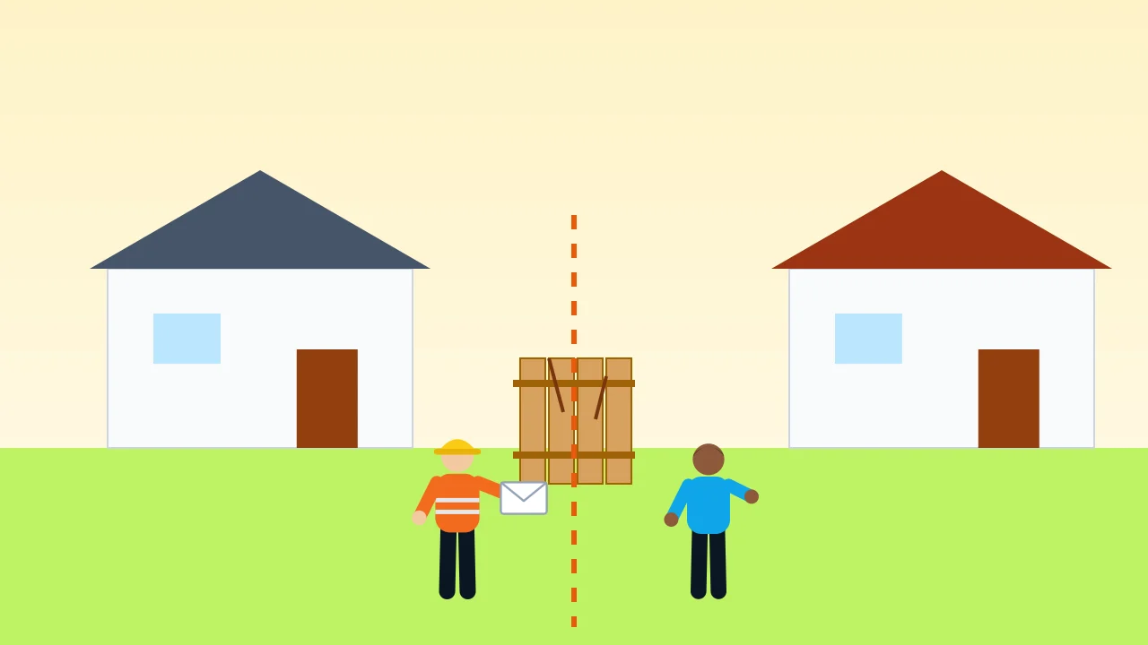Two houses either side of a damaged timber boundary fence, with a builder handing the neighbour a letter